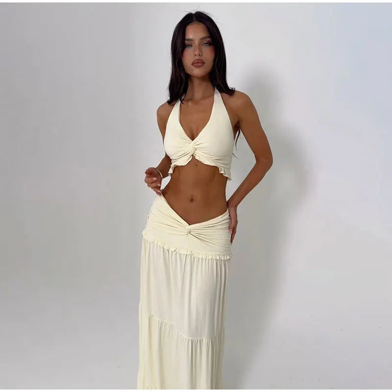 Halter Twist Crop Top and Pleated Long Skirt Suit