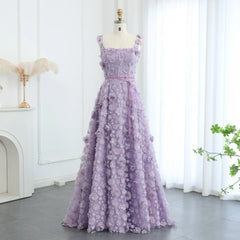 Lilac 3D Floral Evening Gown with High Slit