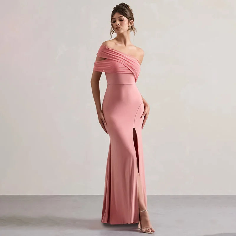 Solid One Shoulder Mesh Slit Long Dress