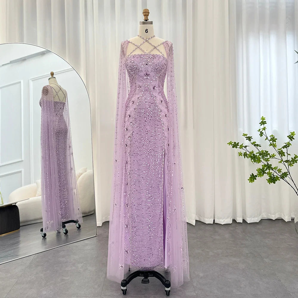 Aqua Mermaid Evening Gown with Cape Sleeves