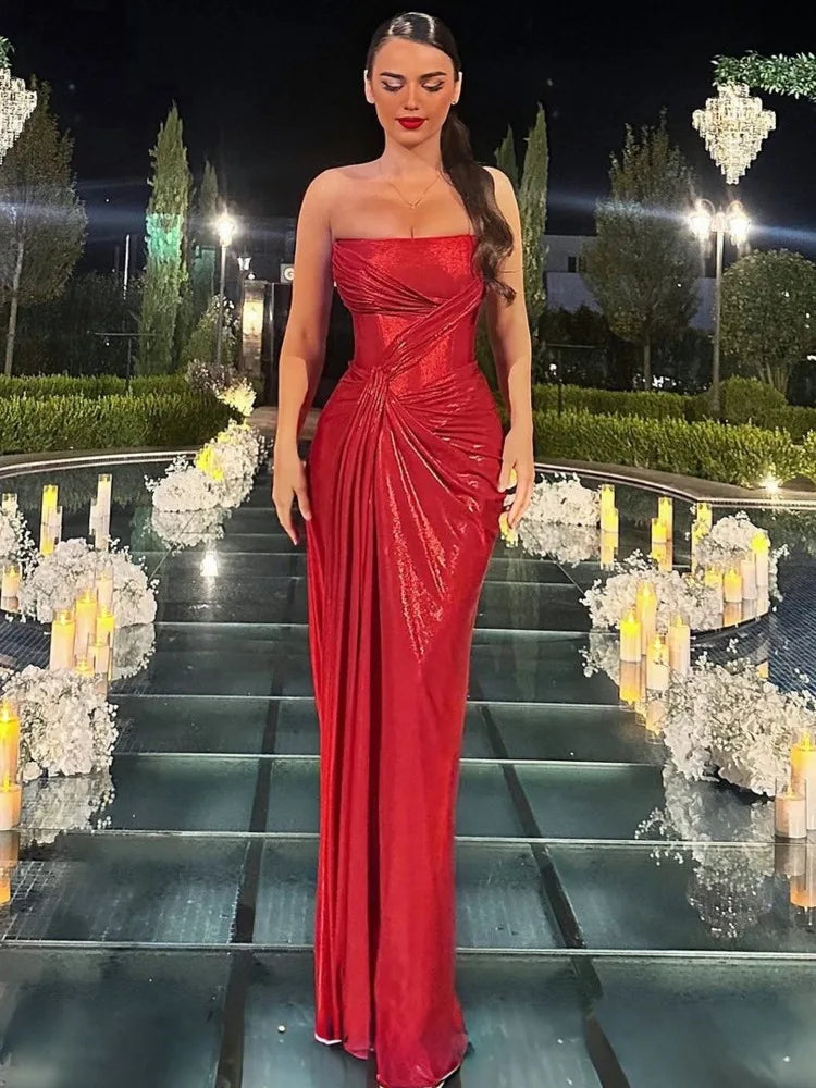 Off-shoulder Red Thigh High Split Dress
