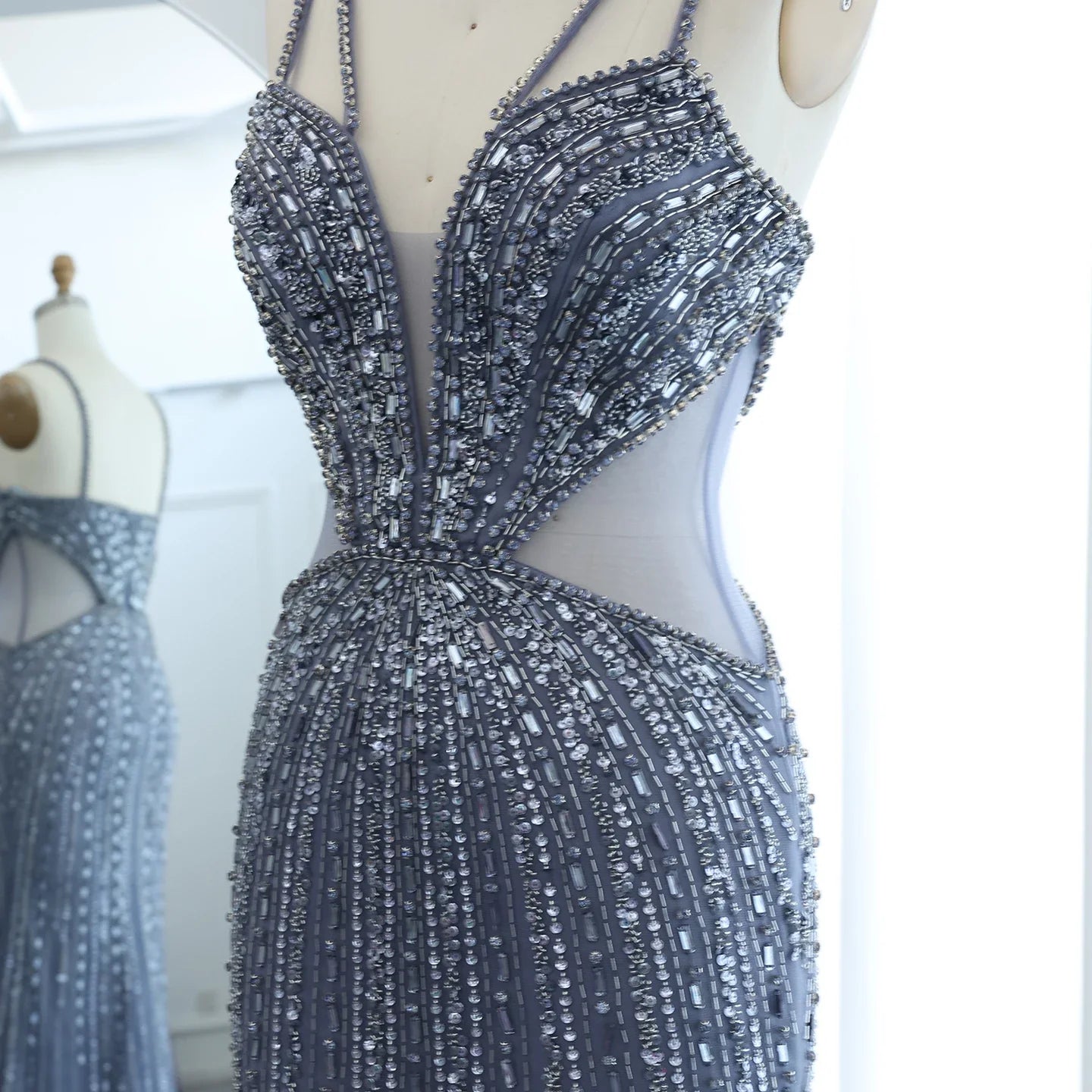 Blue Mermaid Evening Gown with High Slit