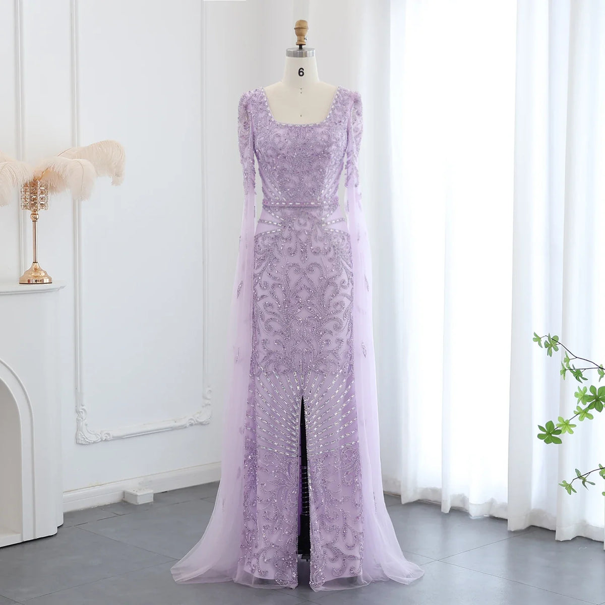 Turquoise Evening Gown with Cape Sleeves