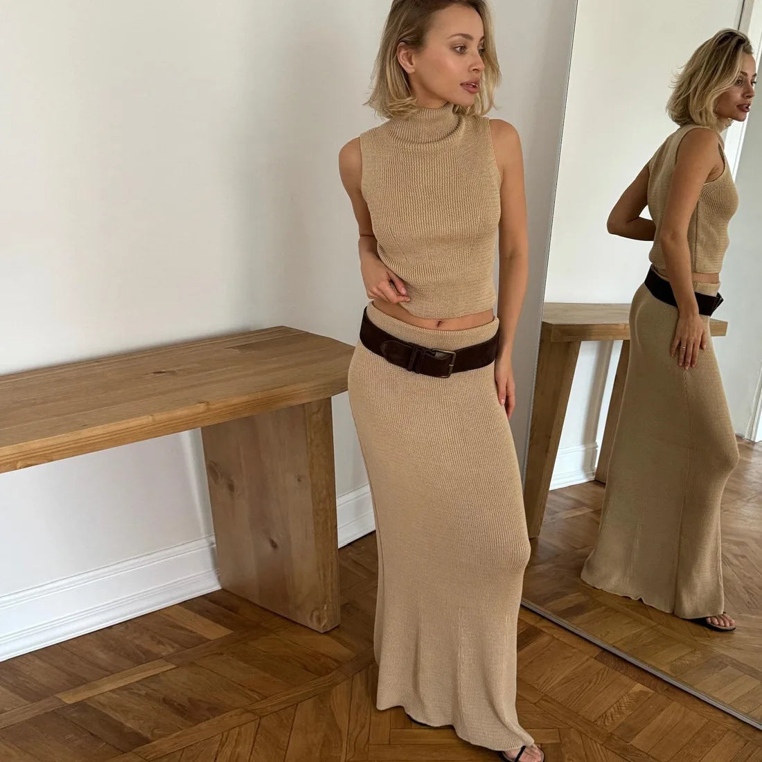 Solid Knit Sleeveless Top Long Skirt Set