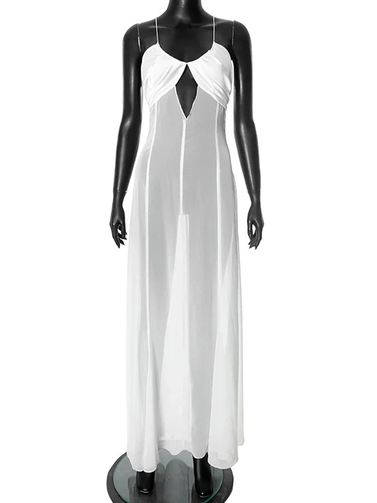Mesh White Spaghetti Strap Hollow Out Dress