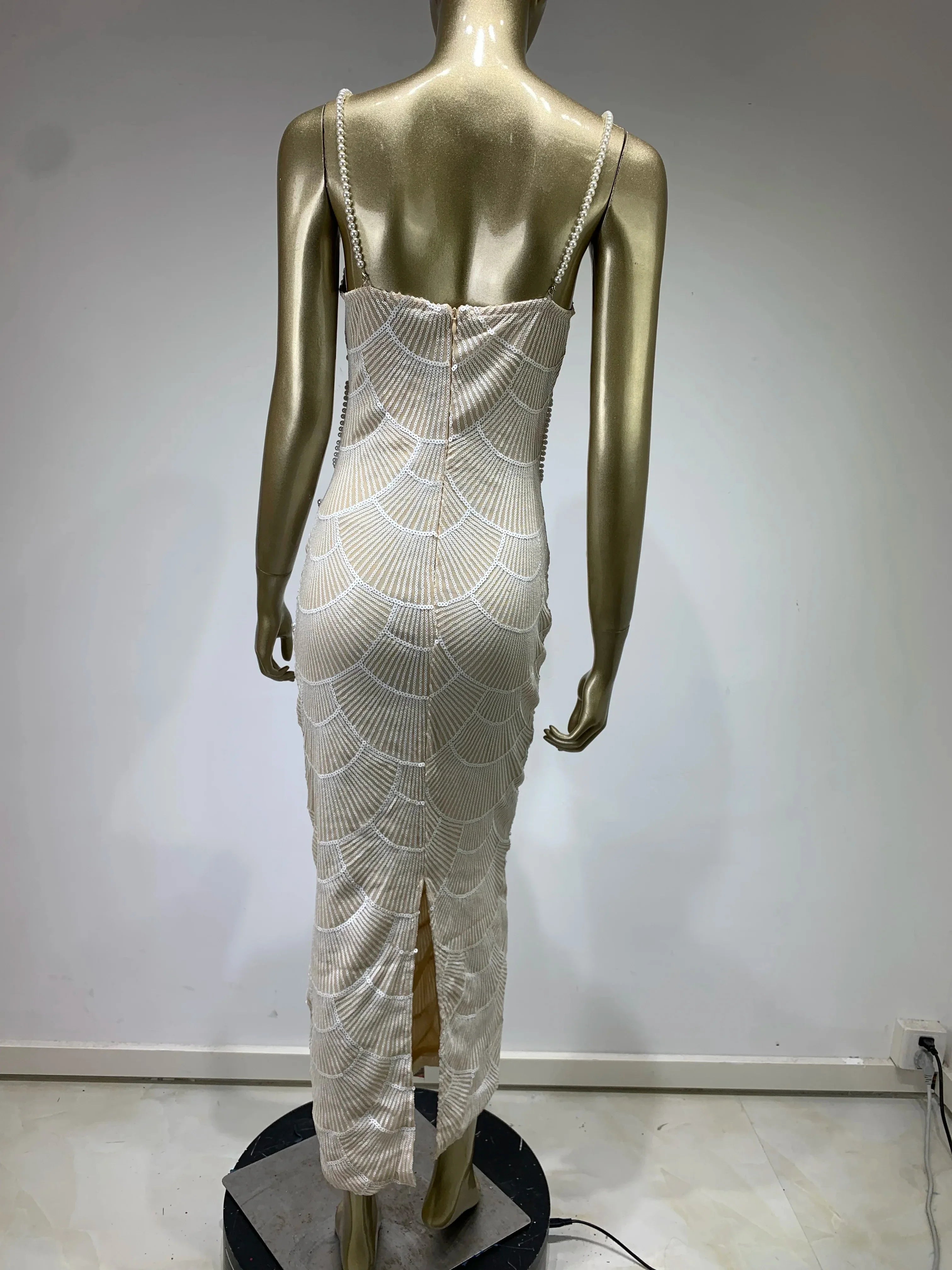 Women V Neck White Pearl Beading Maxi Dress