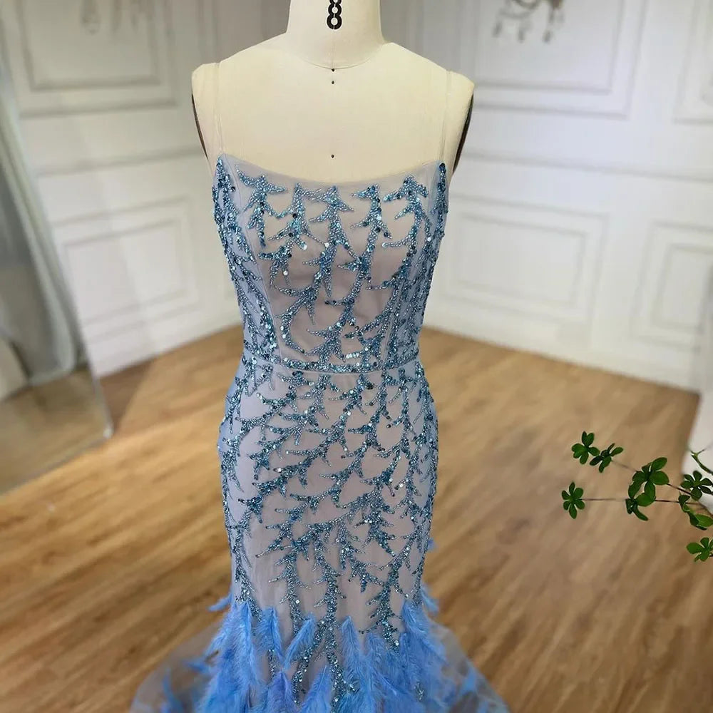 Spaghetti Strap Mermaid Feathers Beaded Prom Dress