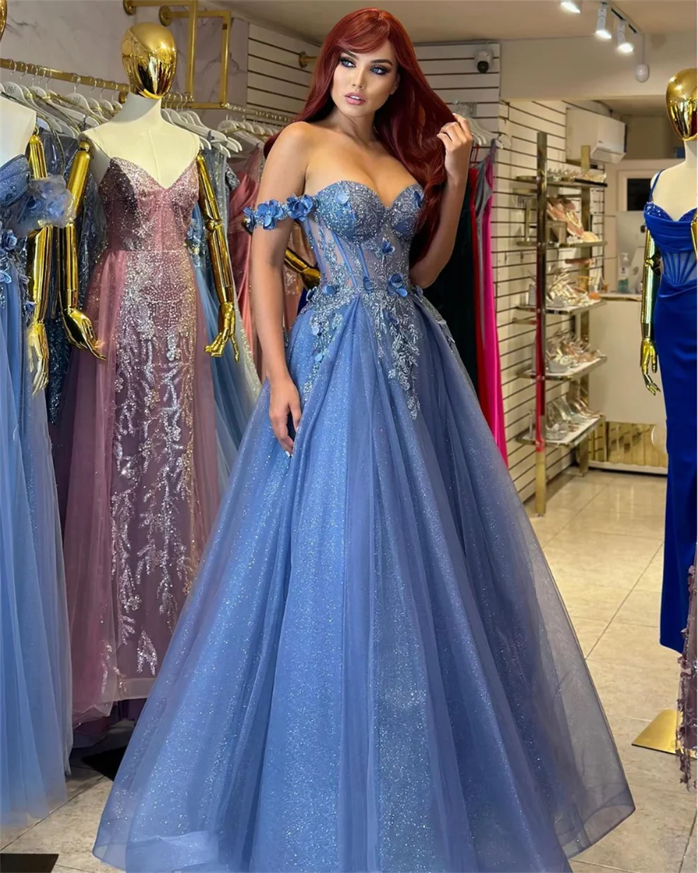 Grey-blue Glitter 3D Flowers Tulle Prom Dress