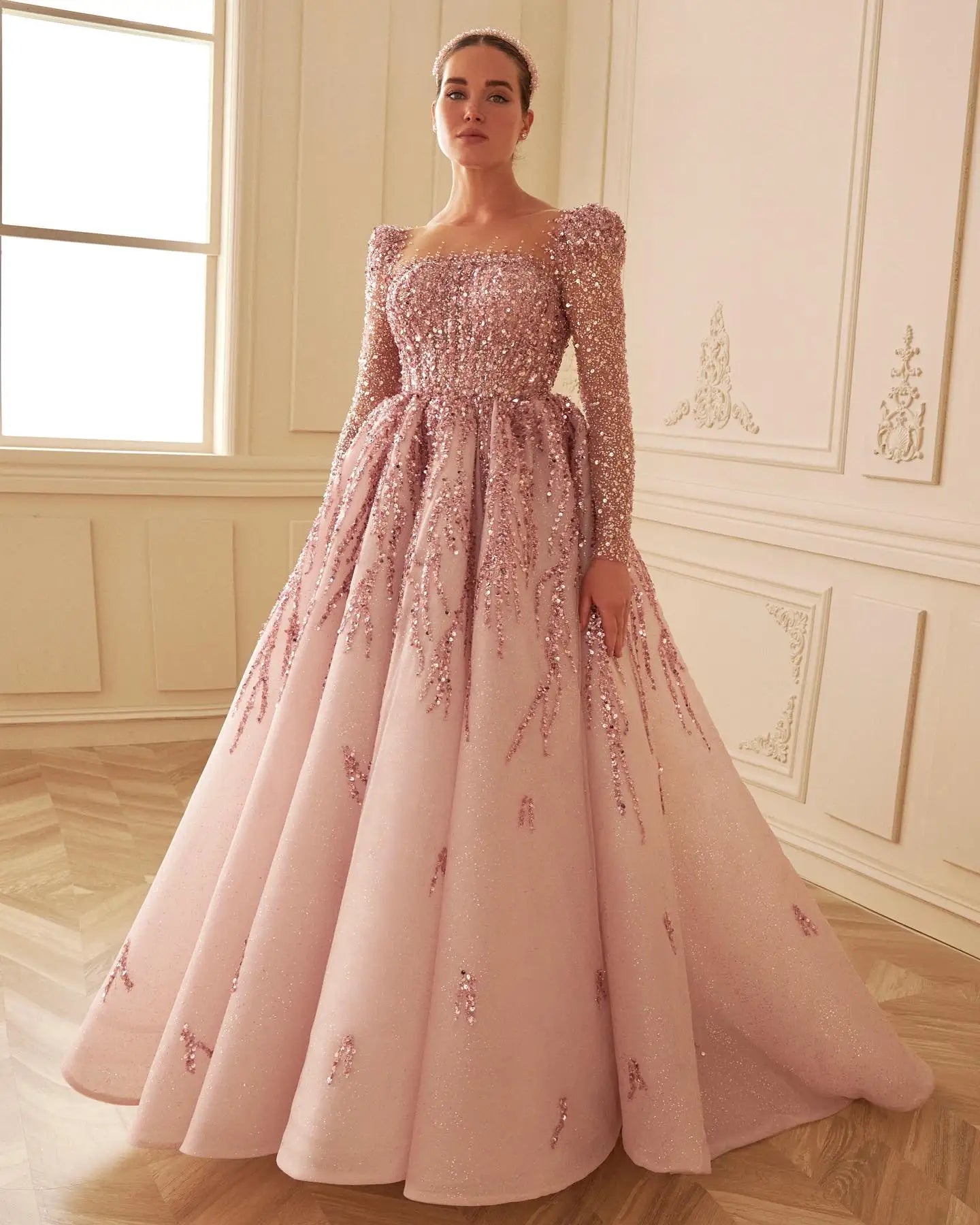Dusty Pink Long Sleeve Formal Prom Gown