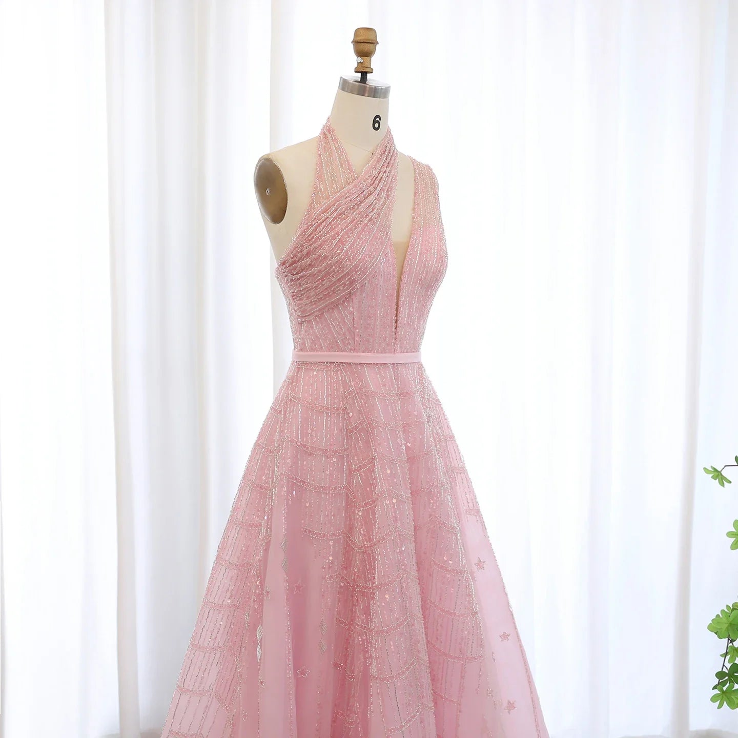 Beaded Lilac Halter Neck Evening Gown