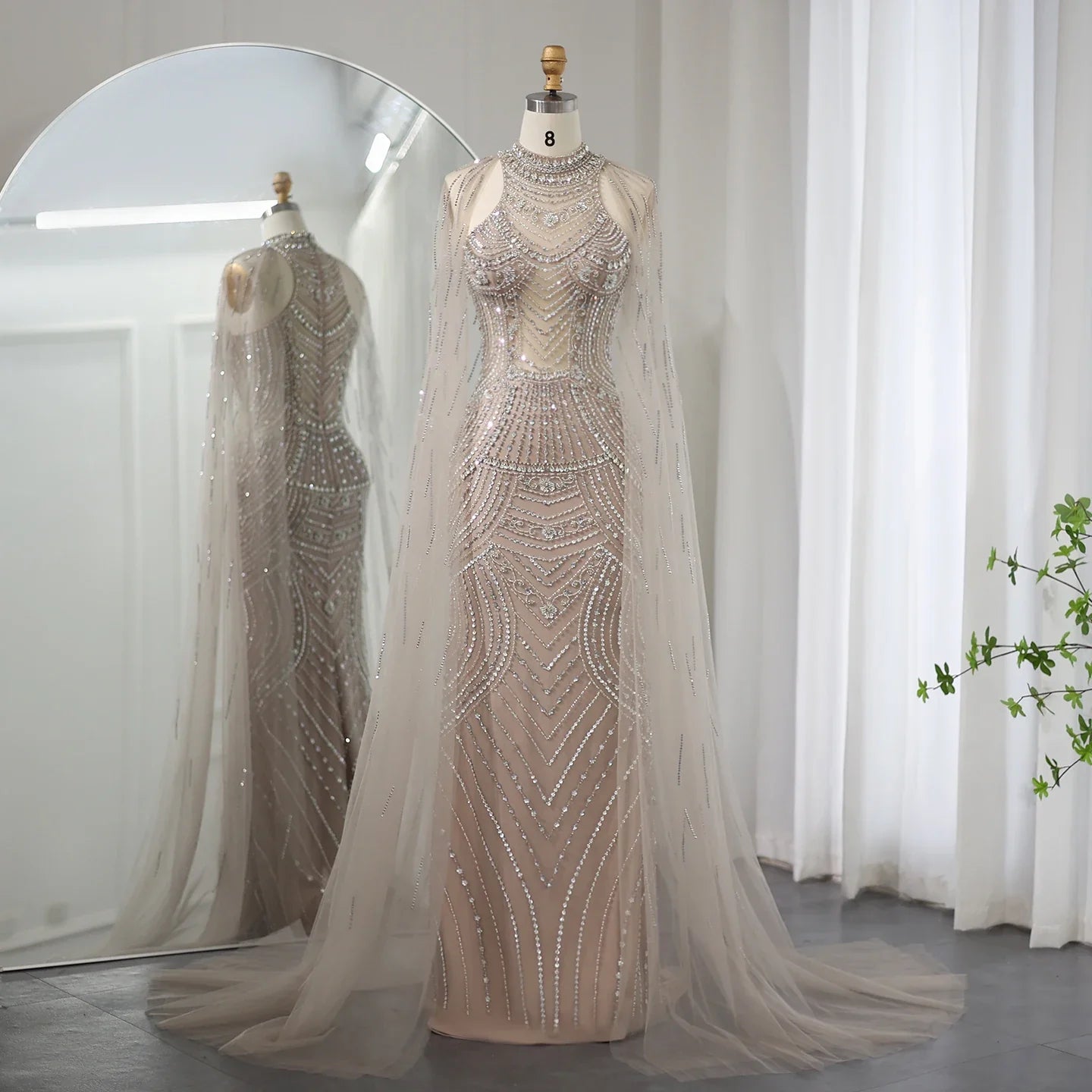 Caramel Mermaid Evening Gown with Cape Sleeves