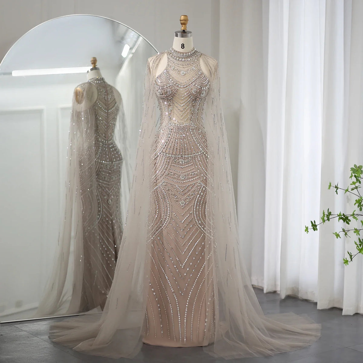 Caramel Mermaid Evening Gown with Cape Sleeves