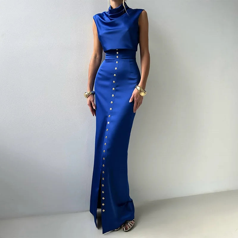 Sleeveless Top Suit With Front Split Skirt