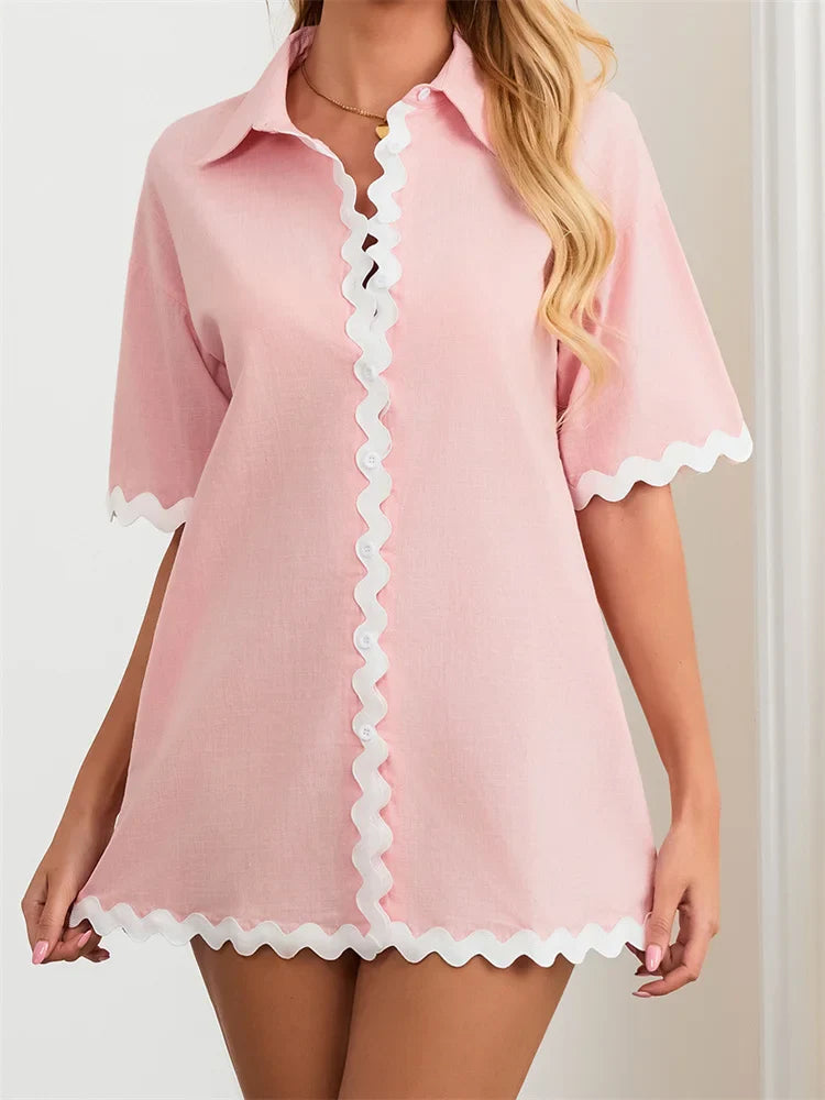 Contrast Short Sleeve Turn-Down Collar Mini Dress