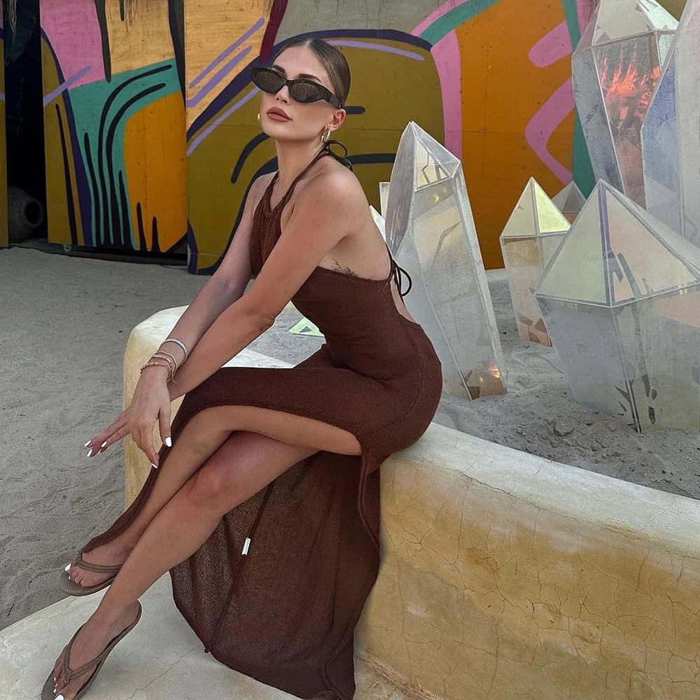 Knitted Cover Up Slit Bodycon Halter Neck Long Dress