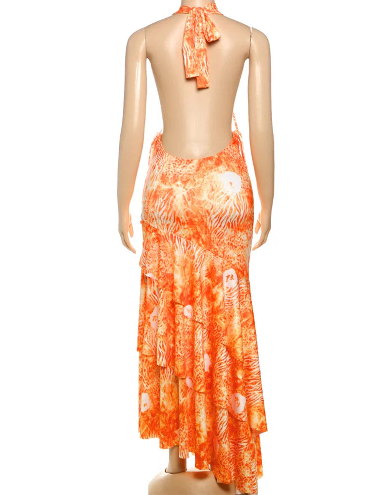 Tie-Dye Print Halter Bra and Ruffles Long Skirts