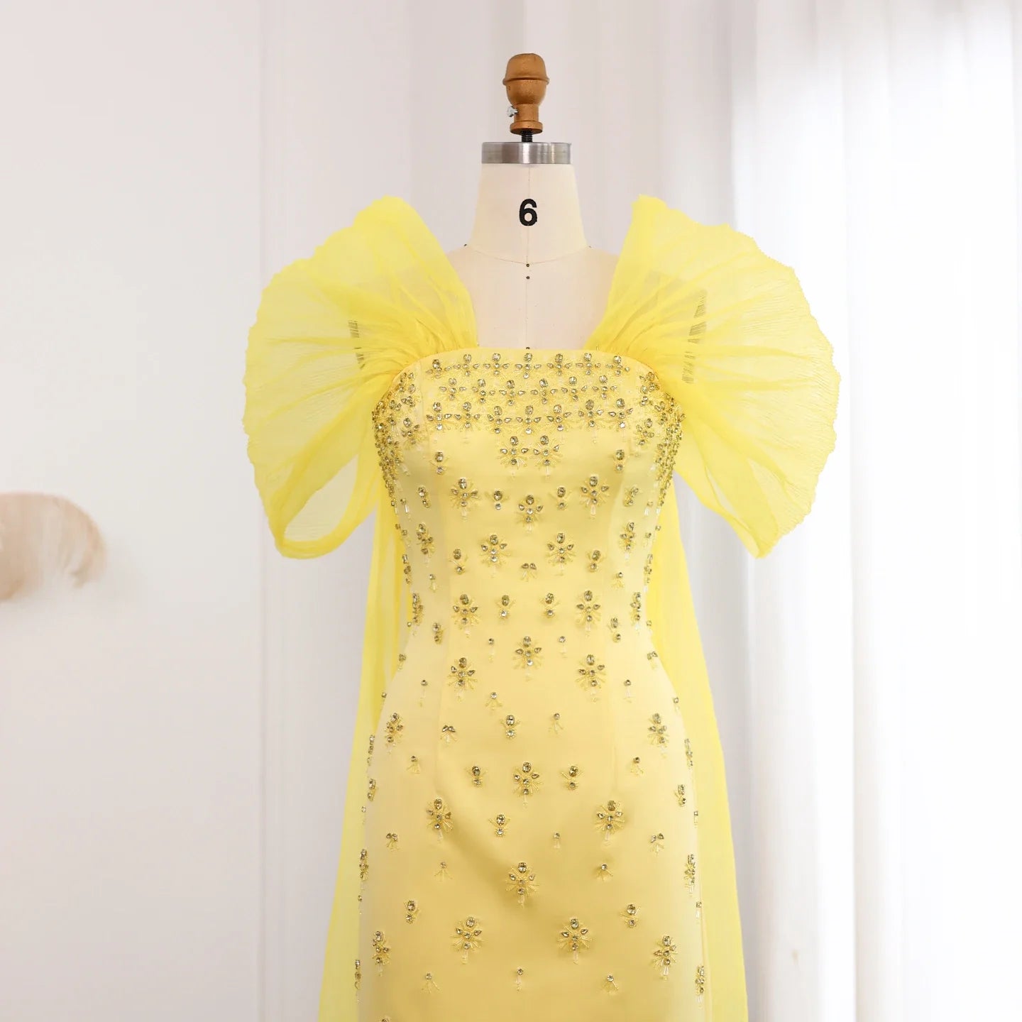 Beaded Yellow Evening Gown with Cape Sleeves