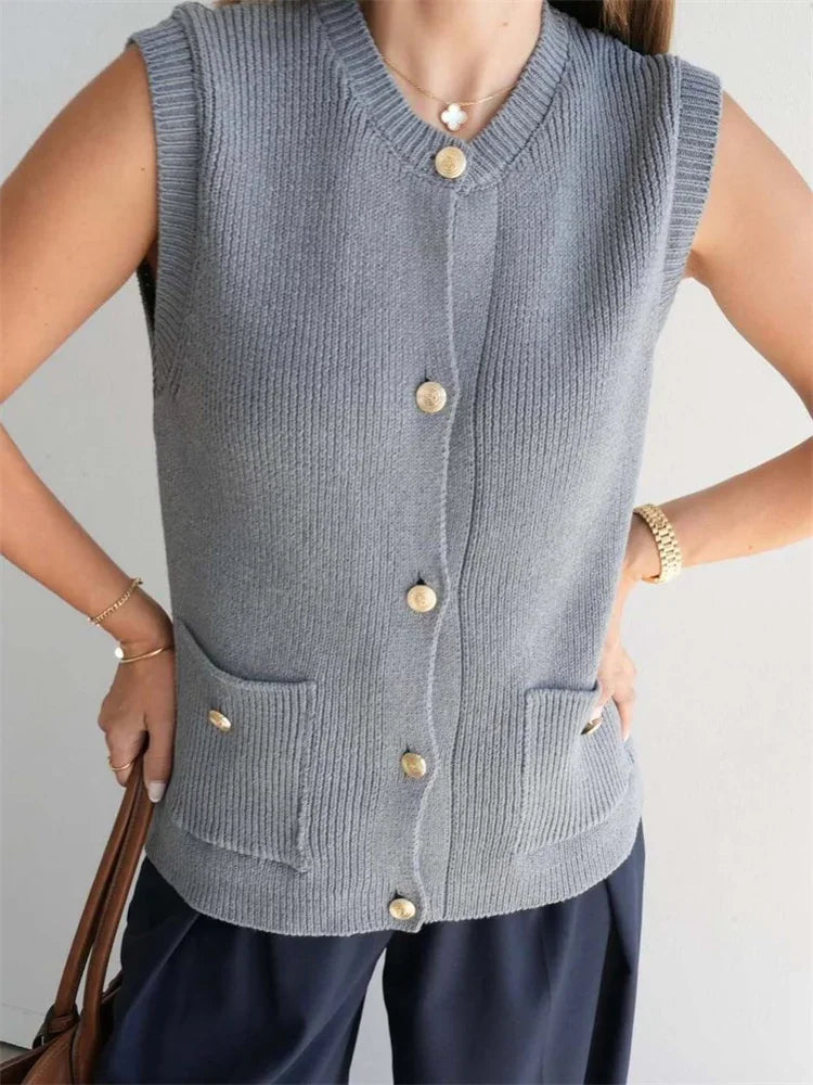 Sleeveless Pocket Solid Knit Cardigan