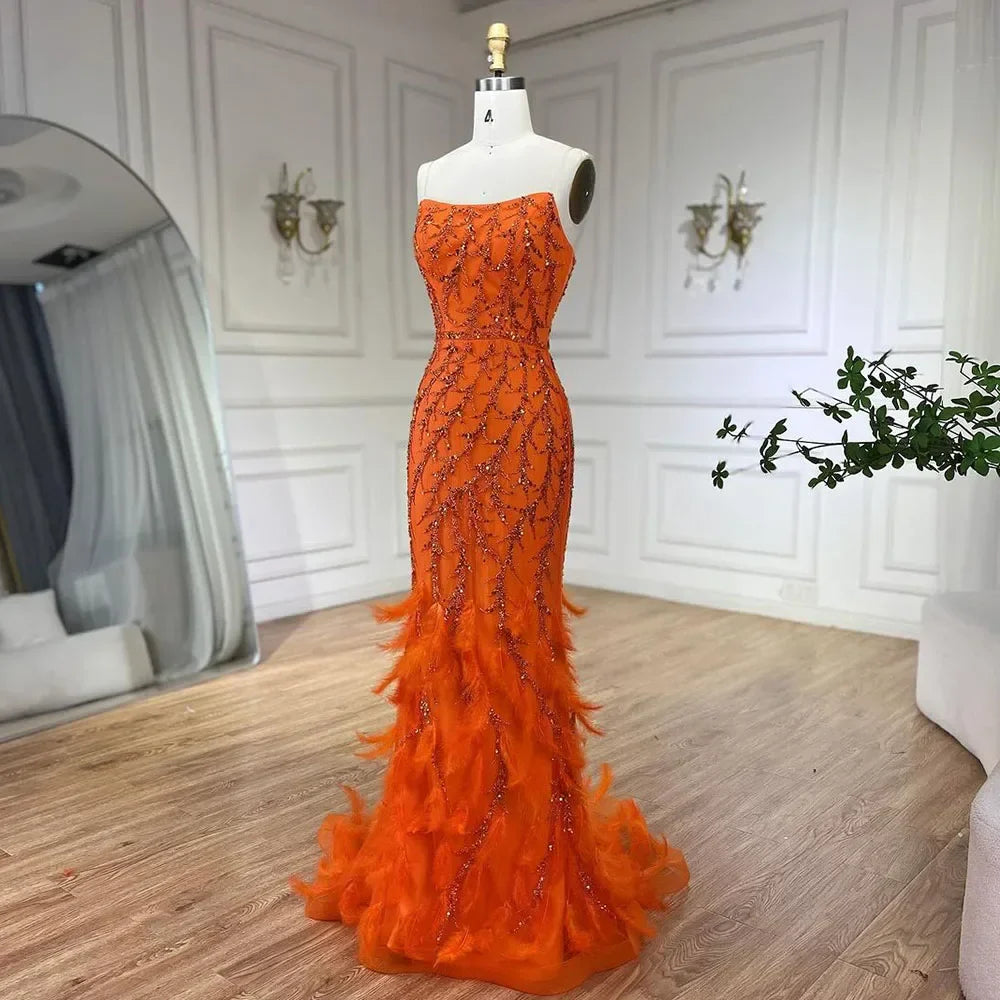 Spaghetti Strap Mermaid Feathers Beaded Prom Dress