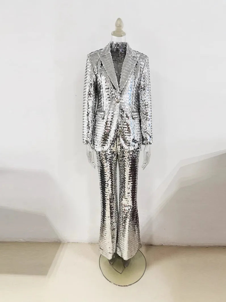 Sequin Silver Coat And Trouser Set