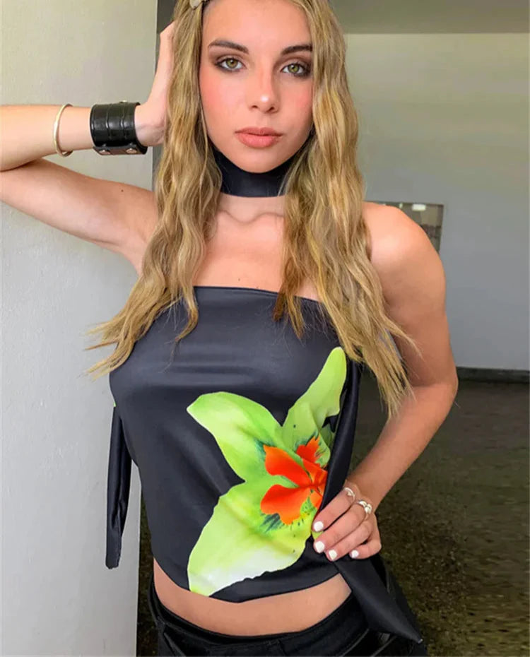 Ribbon Sleeveless Backless Floral Print Top