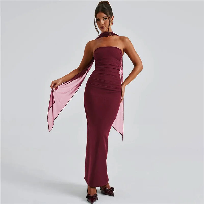 Mesh Sleeve Off-shoulder Long Dress