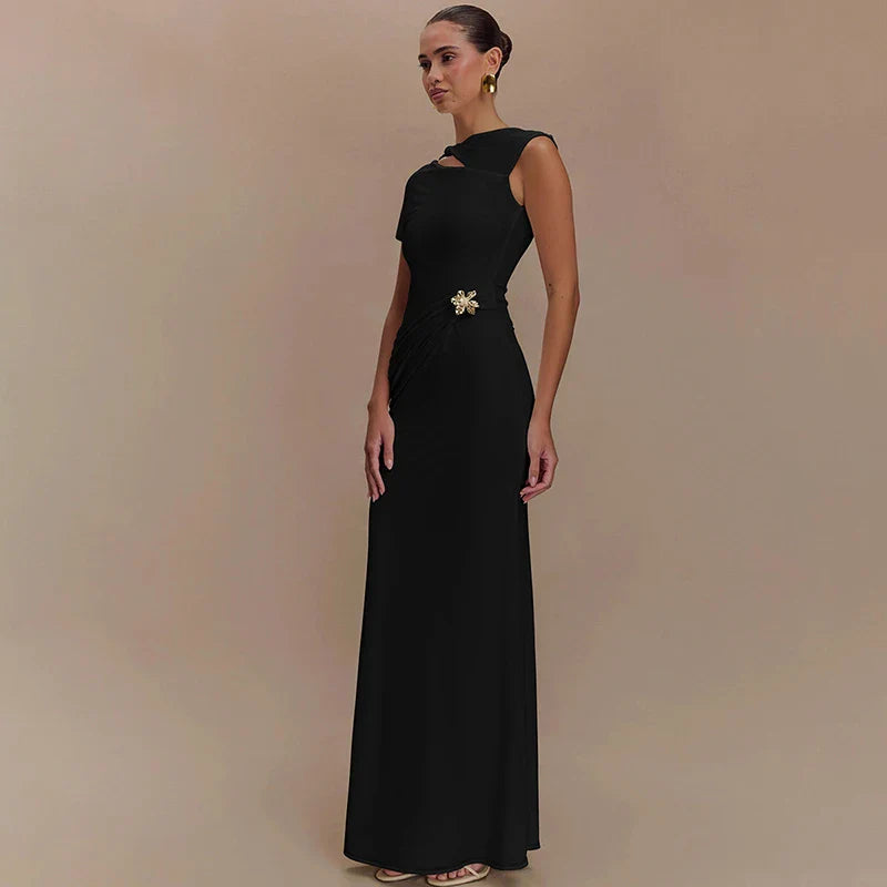 Hollow Out Metal Buckle Solid Short Sleeve Long Dress