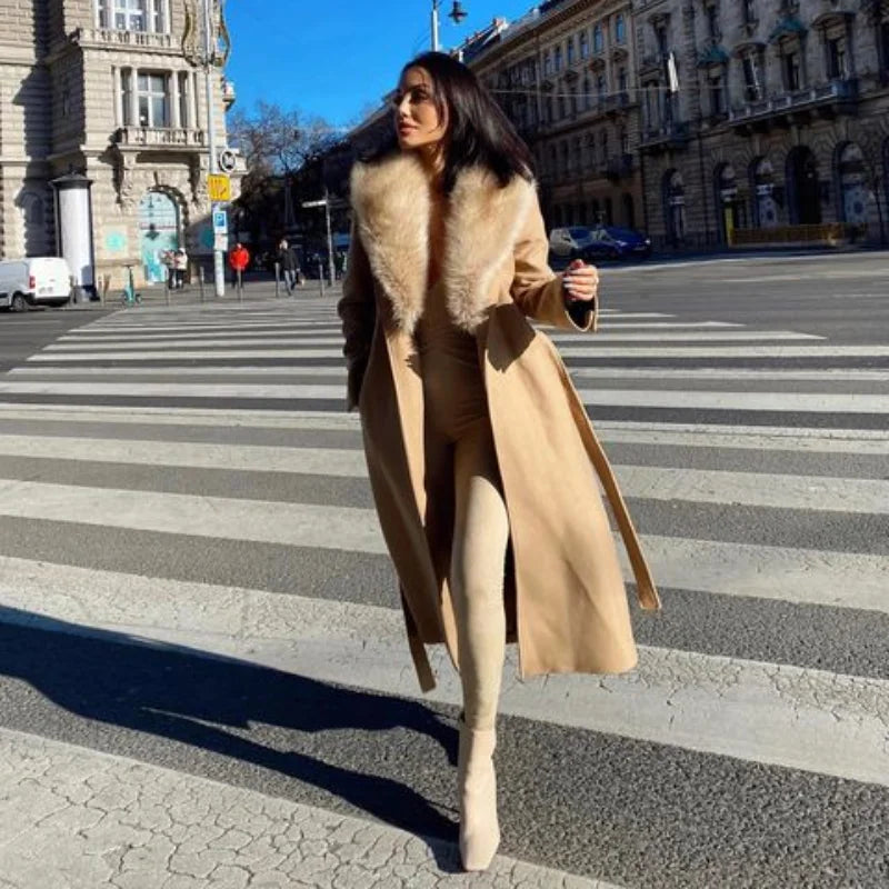Wool Lace-Up Fur Lapel Thick Over Coat