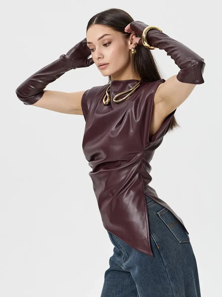 Faux Leather Folds Crop Tops With Gloves