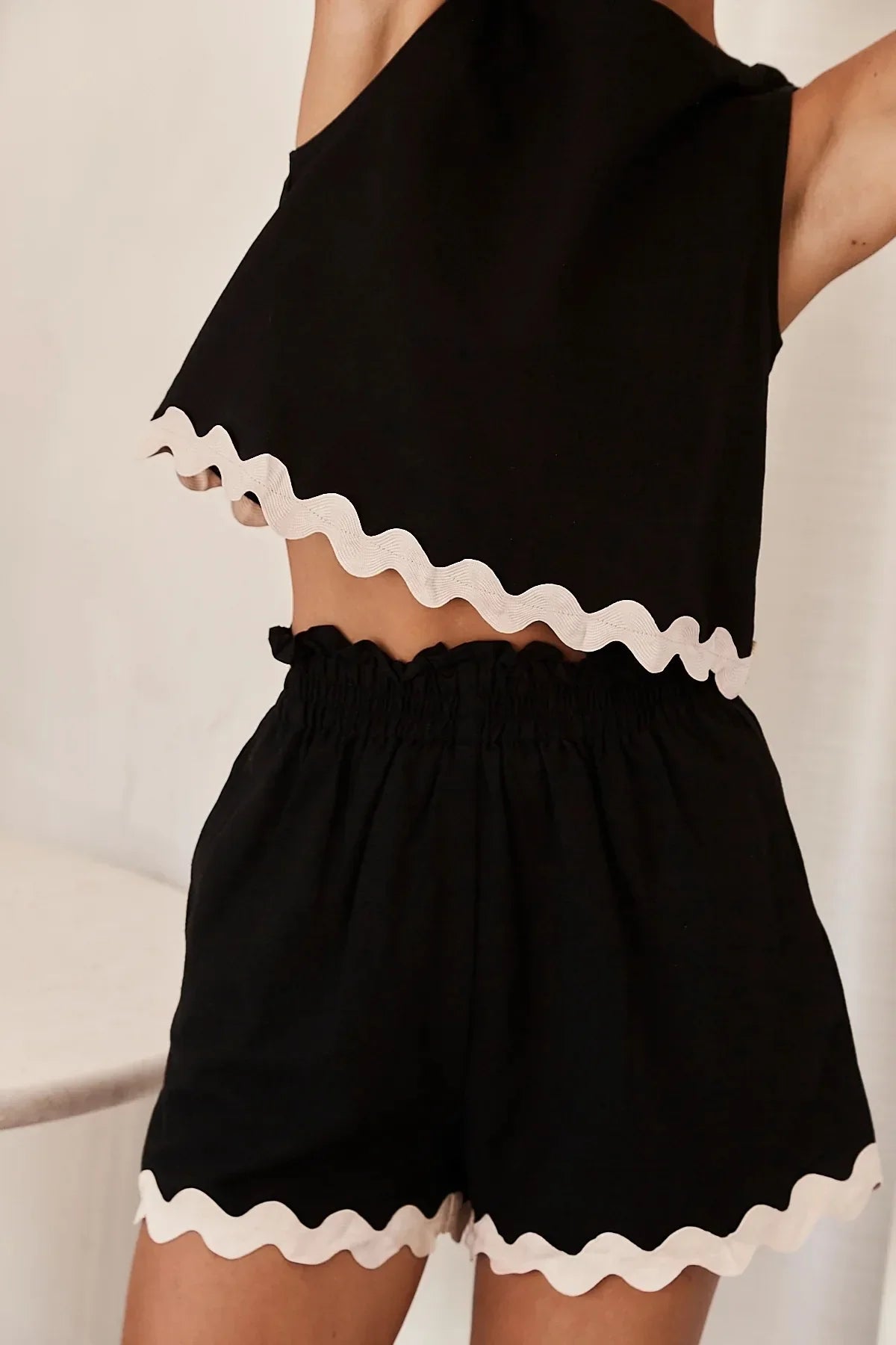 Wave Stripe Patchwork Tops High Waist Shorts Set