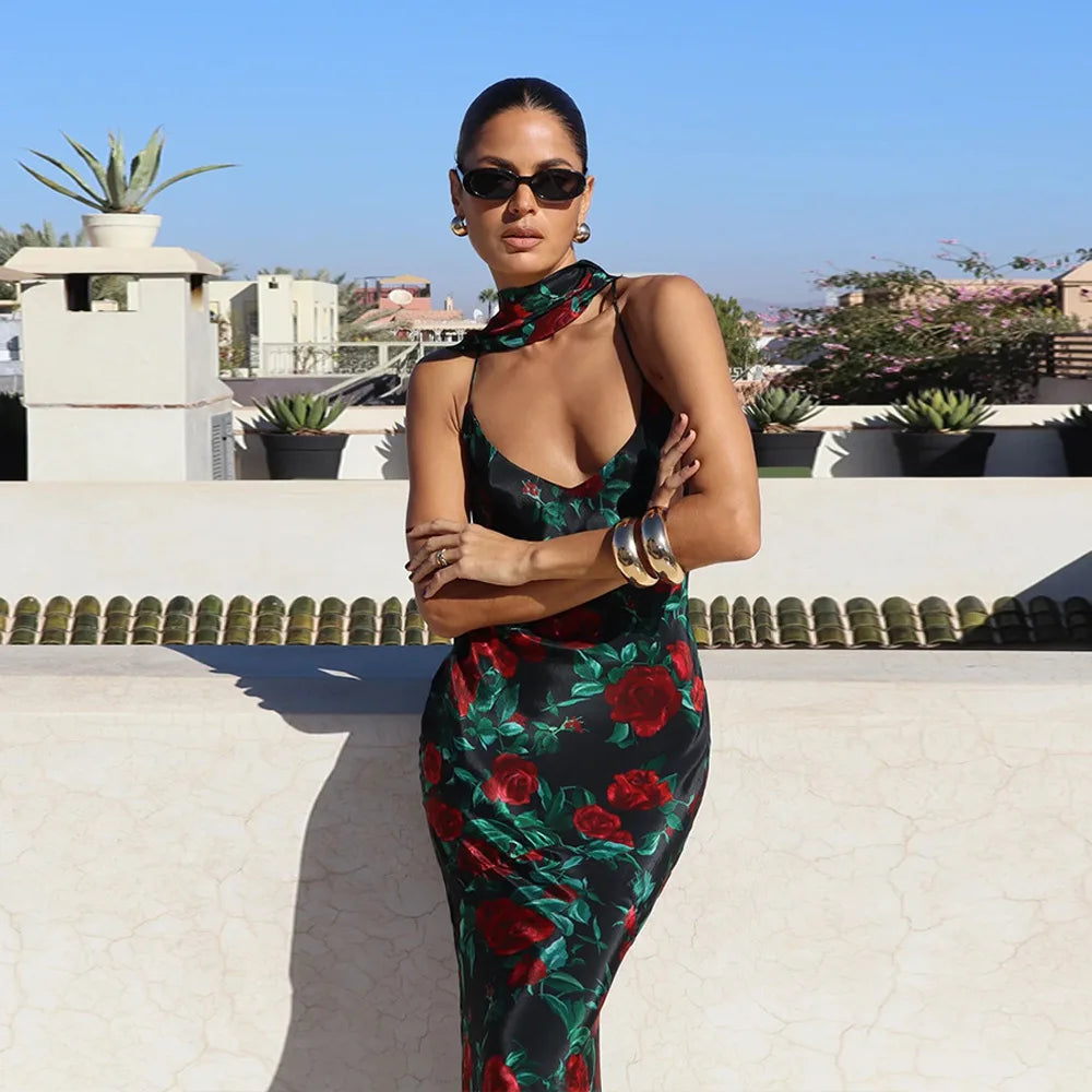 Floral Print Backless Maxi Dress