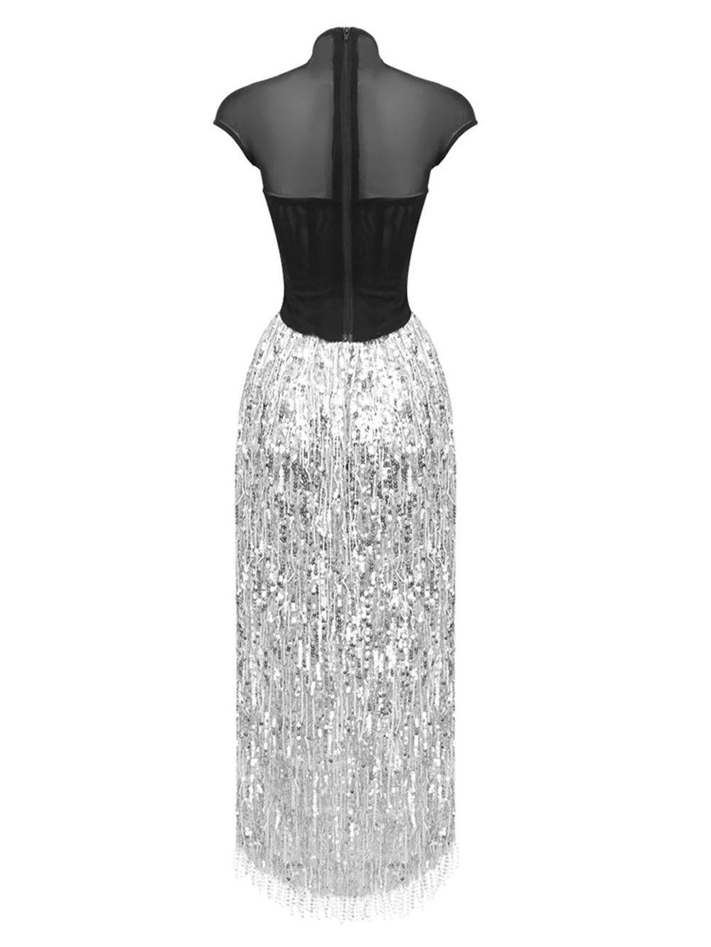 Black Fishbone Top Sequin Mesh Long Skirt Set