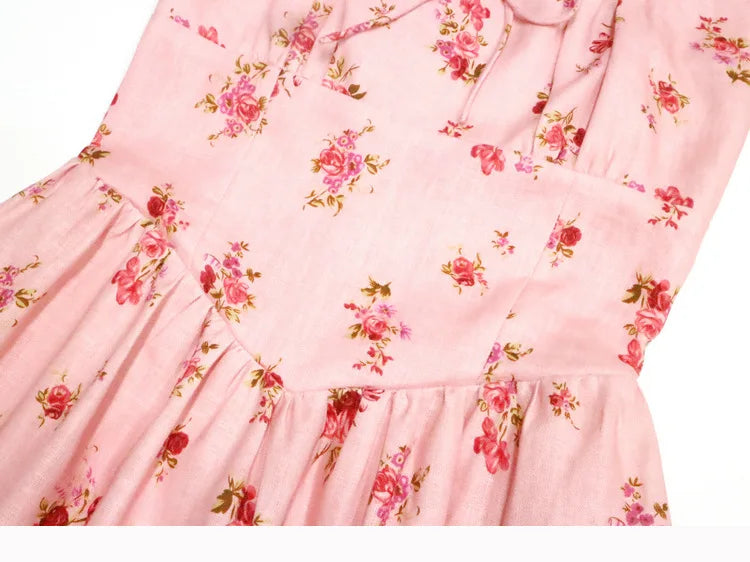Floral Print Linen Square Collar Lace Up Mid Length Dress