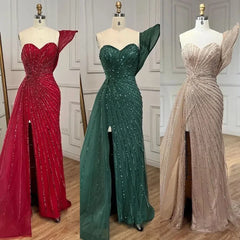 Mermaid Beaded High Slit Elegant One Shoulder Gowns