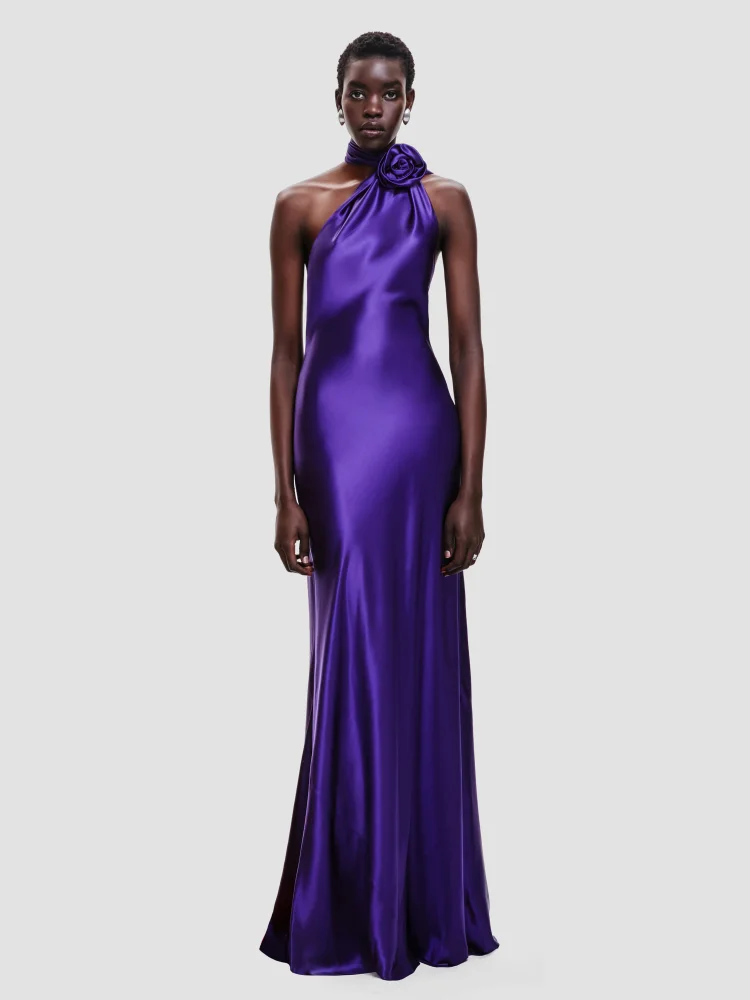Purple Satin Halter Neck 3D Flower Scarf Maxi Dress