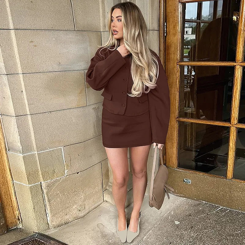 Round Neck Long Sleeve Jacket Mini Skirt Suit