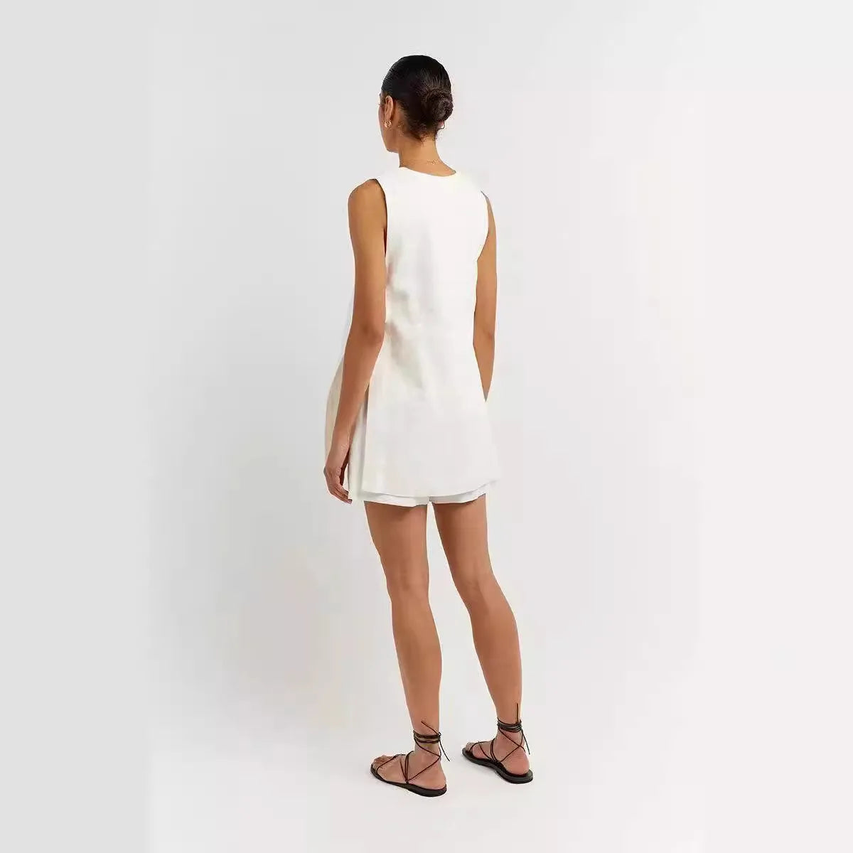 Cotton V Neck Buttons Solid Vest and Shorts Suits