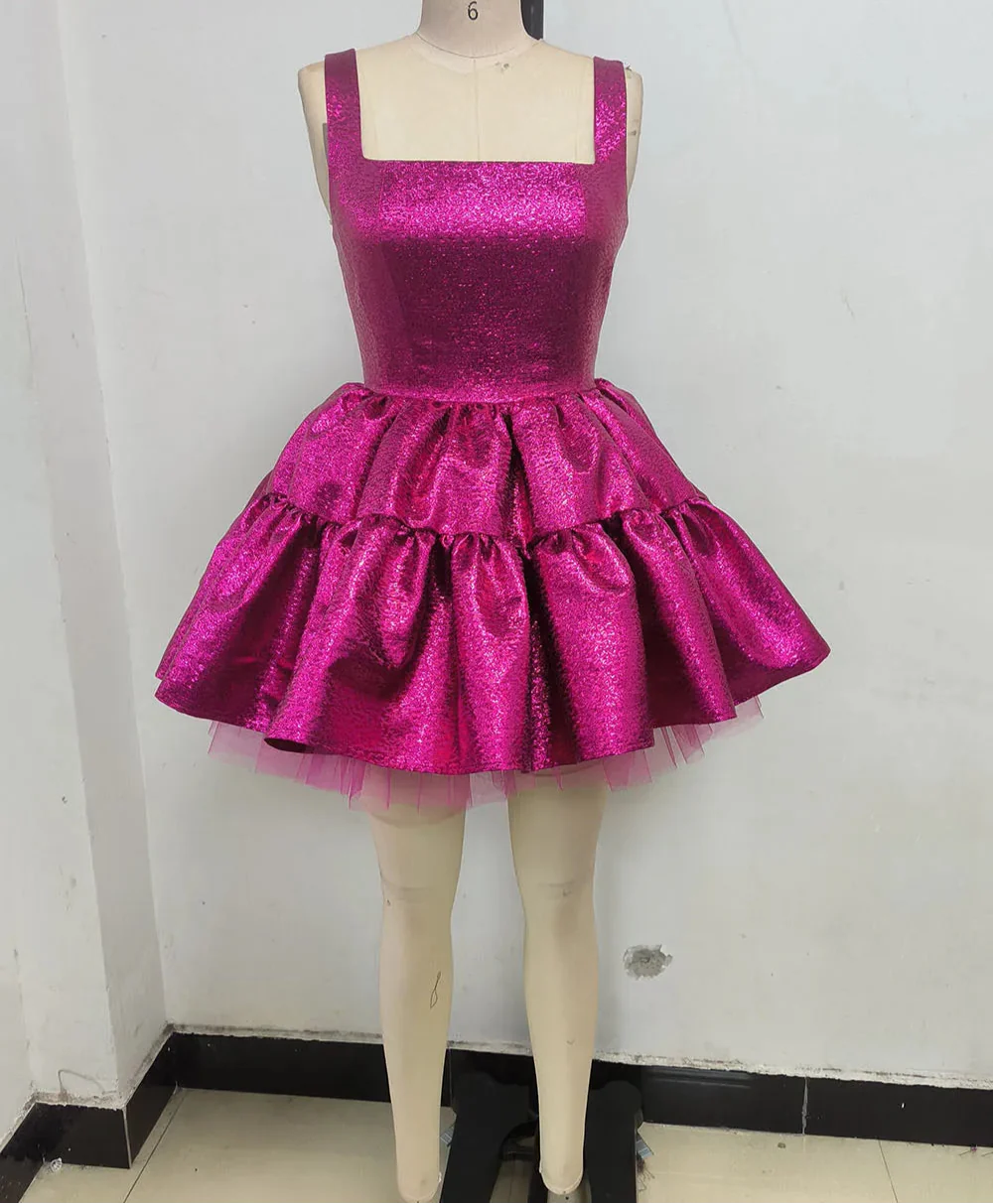 Sling Square Neck Ball Gown Fuchsia Mini Dress