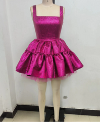 Sling Square Neck Ball Gown Fuchsia Mini Dress