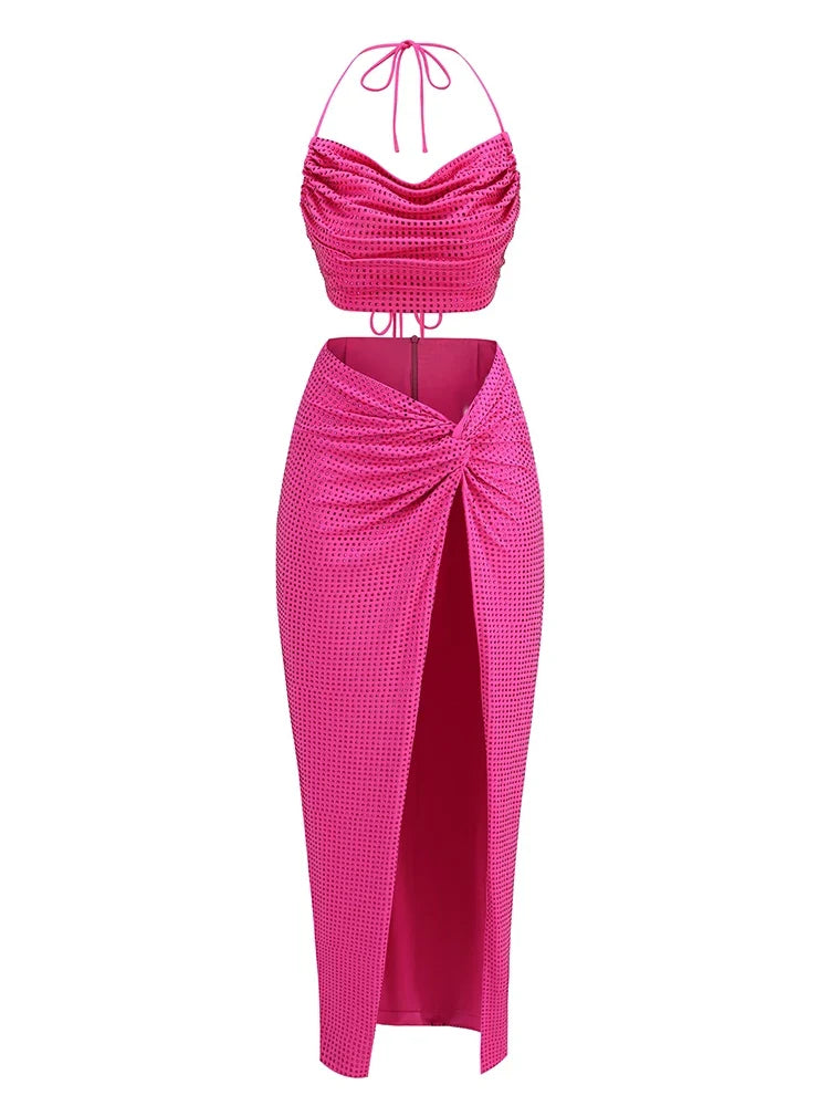 Swinging Collar Crop Tops Long Slit Skirts Suits