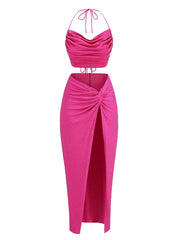 Swinging Collar Crop Tops Long Slit Skirts Suits