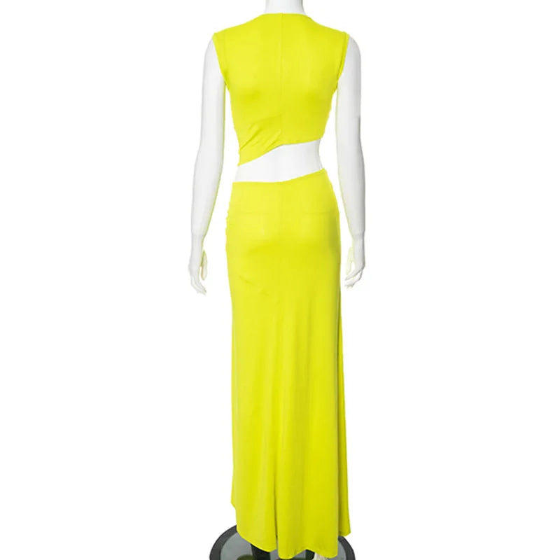 Deep V Cut Out Slit Asymmetrical Long Dress