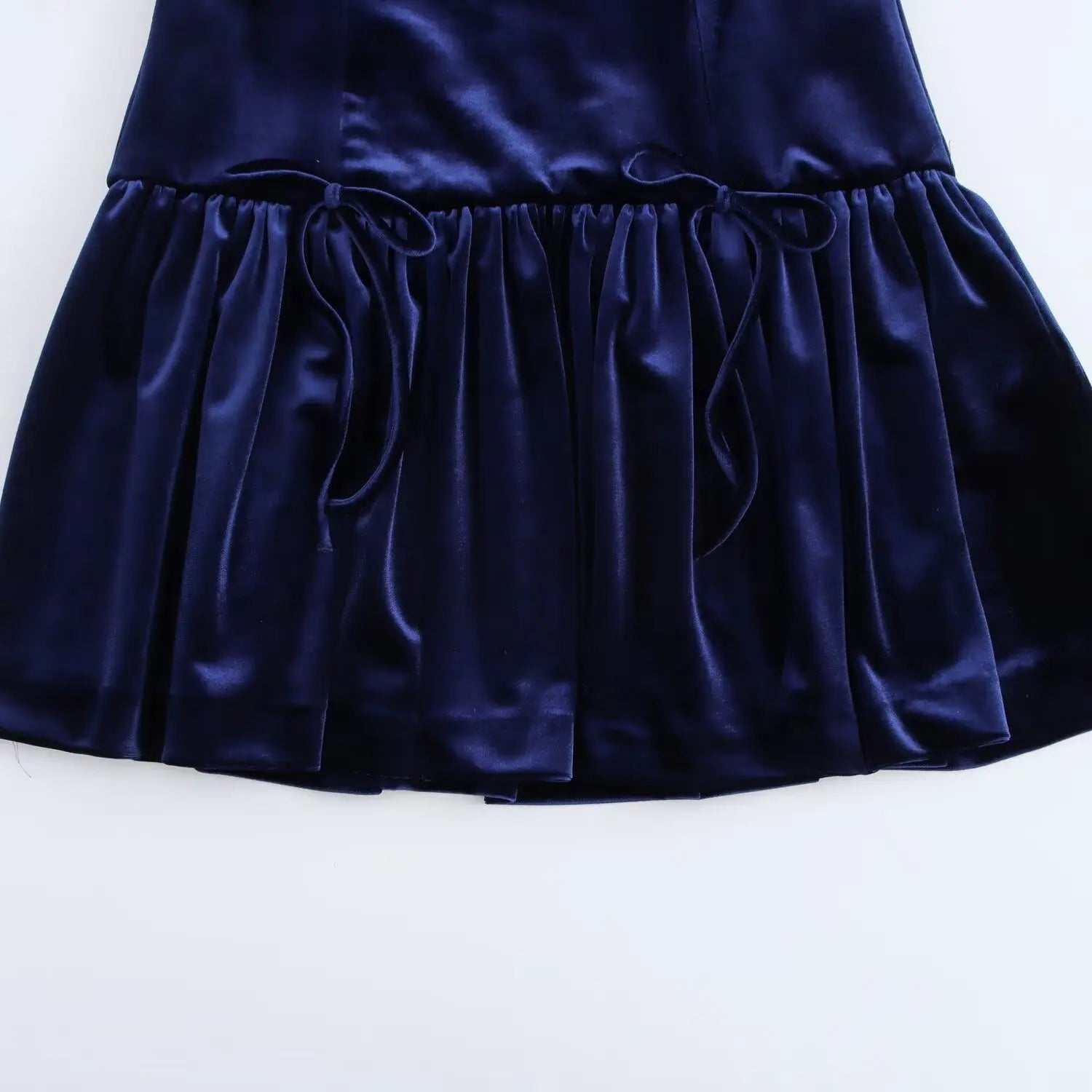 Round Neck Bow Velvet Blue Dress