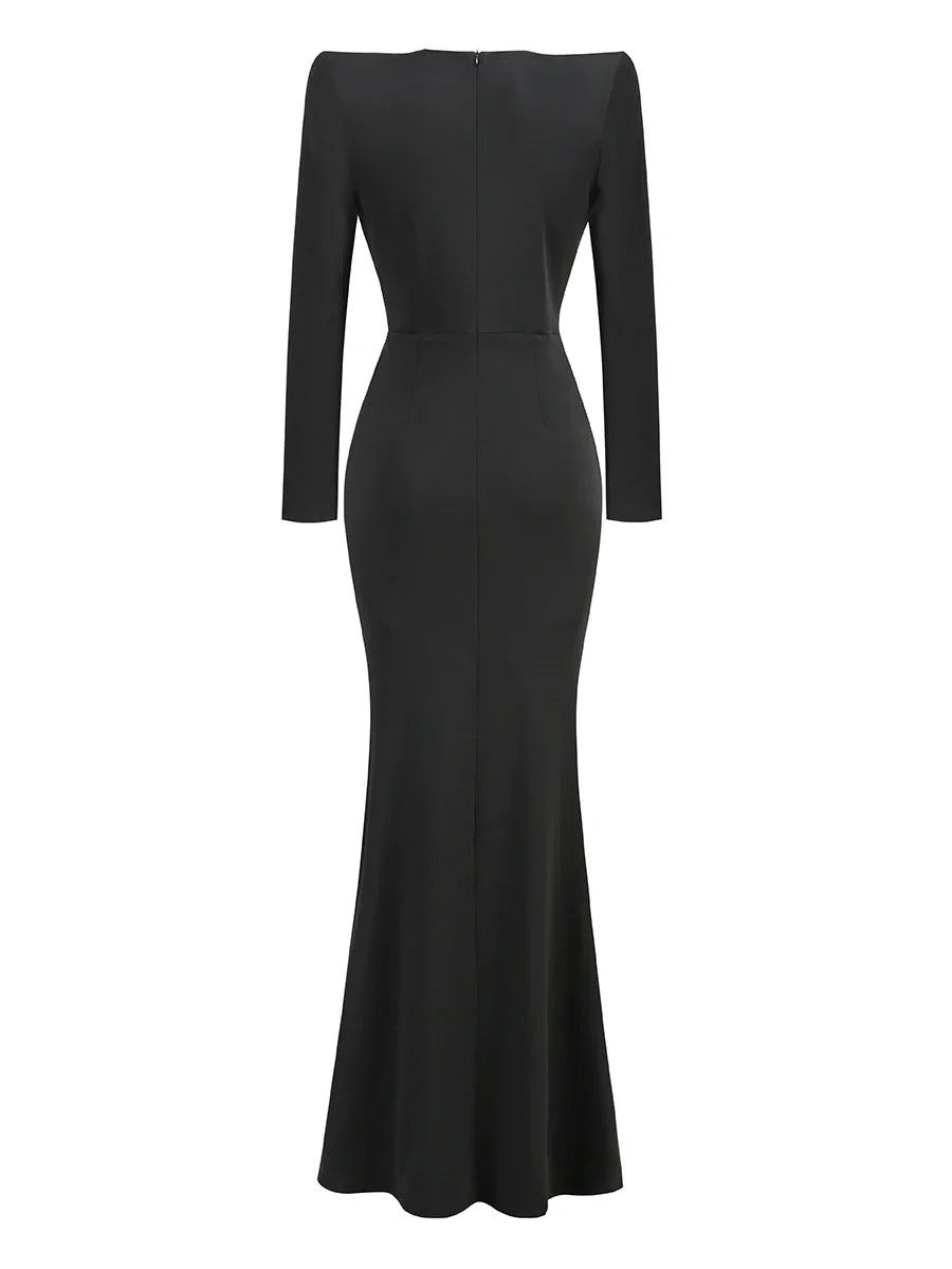 Deep V Neck Black Rhinestone Floor Long Dress