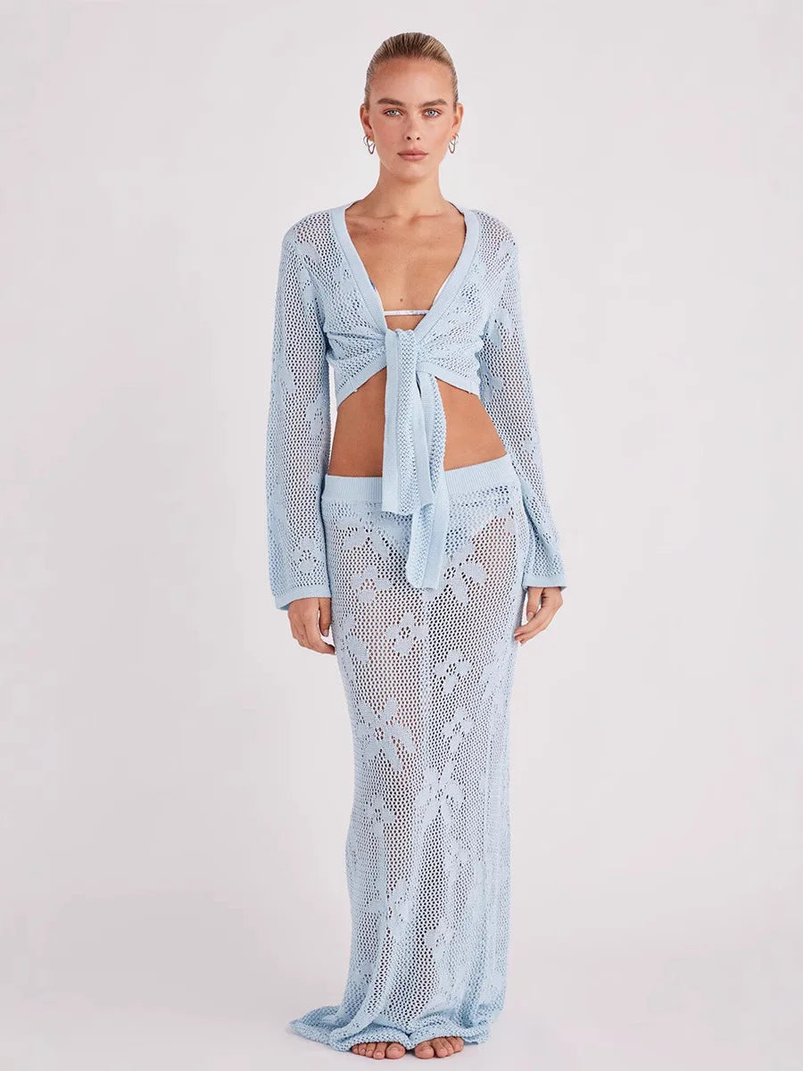 Knit 2-Piece Set Women's Beach Cardigan and Maxi Skirt