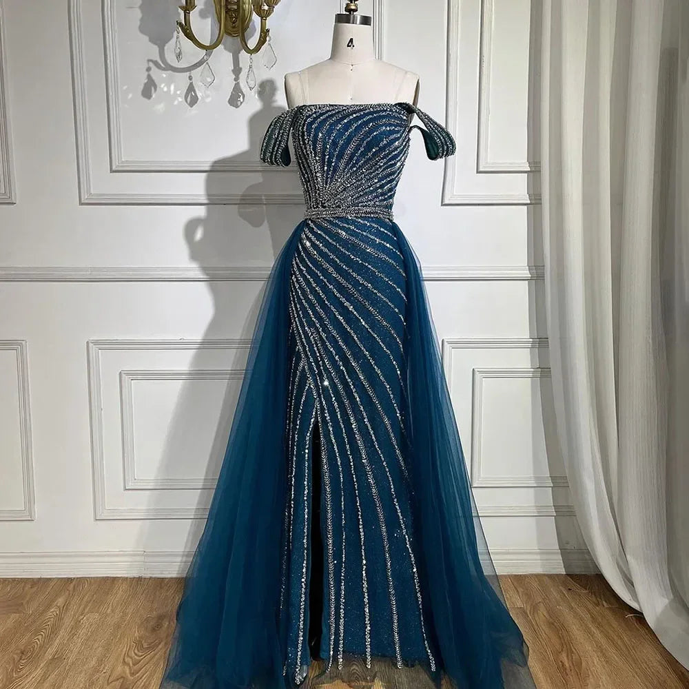 Boat Neck Split Mermaid Elegant Beaded Gowns