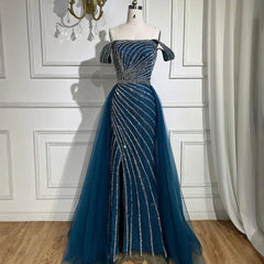 Boat Neck Split Mermaid Elegant Beaded Gowns