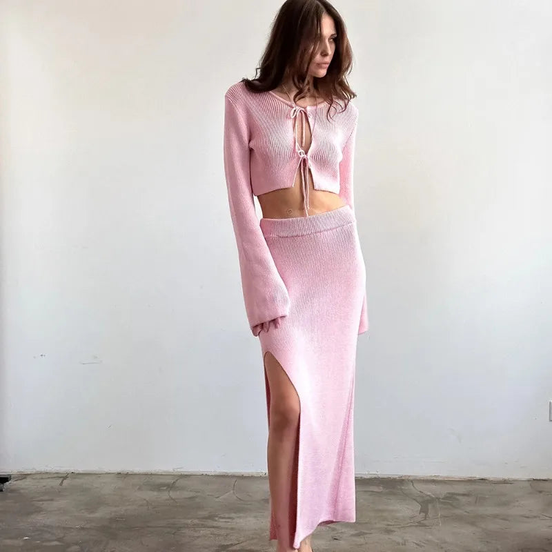 Knit Solid Lace-up Cardigan Top Slit Long Skirt Set