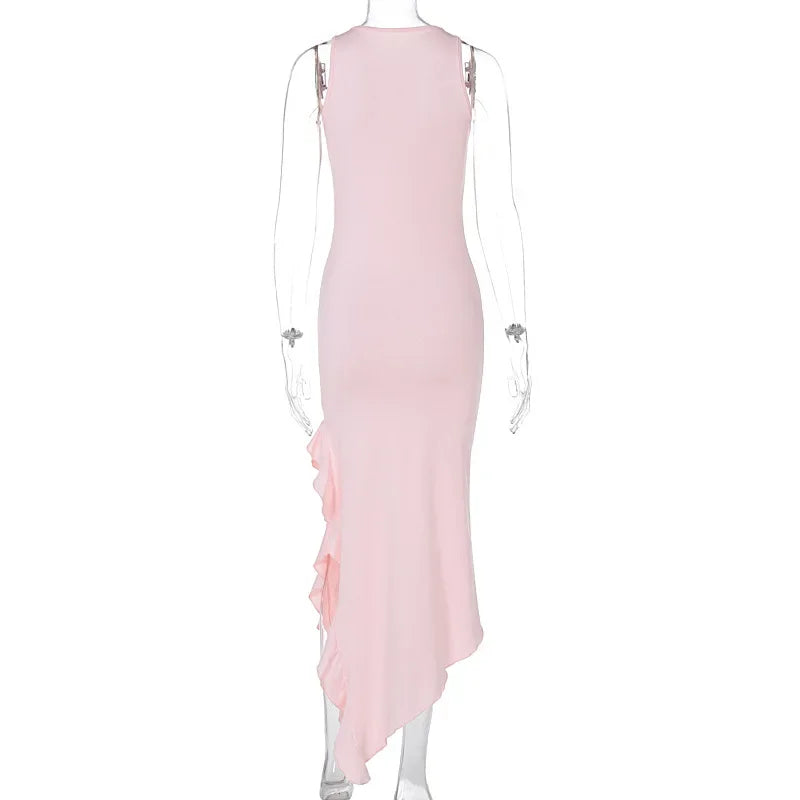 Irregular Ruffle Sleeveless Split Long Dresses
