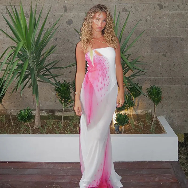 Mesh Floral Print Off-shoulder Long Dress